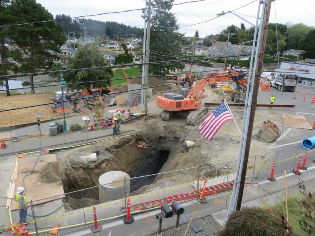 Photo of relocation of utilities at Harborview Drive and Stinson Avenue in preparation for a new roundabout.