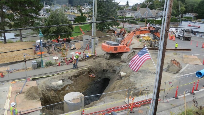 Photo of relocation of utilities at Harborview Drive and Stinson Avenue in preparation for a new roundabout.