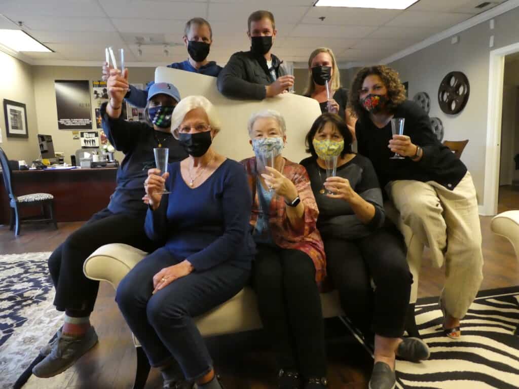 Gig Harbor Now board members and staff celebrate the launch of the news organization. In the front, from left, are Charlee Glock-Jackson, Pat Lantz, Linda Filson and Pat Schmidt. Across the back are Ed Friedrich, Brady Friedrich, Jenny Wellman and Olga Torres-Inglebritson.