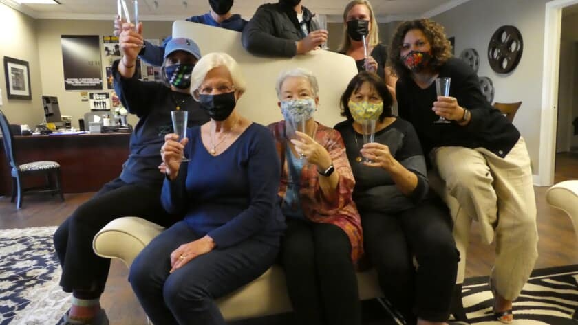 Gig Harbor Now board members and staff celebrate the launch of the news organization. In the front, from left, are Charlee Glock-Jackson, Pat Lantz, Linda Filson and Pat Schmidt. Across the back are Ed Friedrich, Brady Friedrich, Jenny Wellman and Olga Torres-Inglebritson.