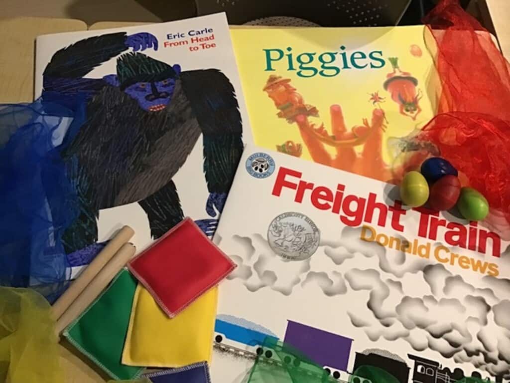 Colorful, big-pictured books used for story time program for young children