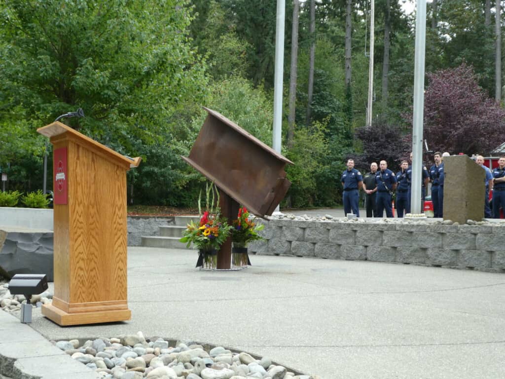 A relic from the World Trade Center is the centerpiece of the 9/11 memorial garden at GHFMO headquarters.