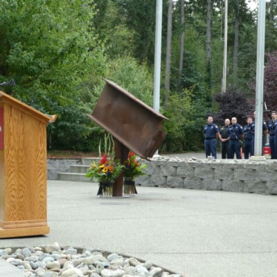 A relic from the World Trade Center is the centerpiece of the 9/11 memorial garden at GHFMO headquarters.