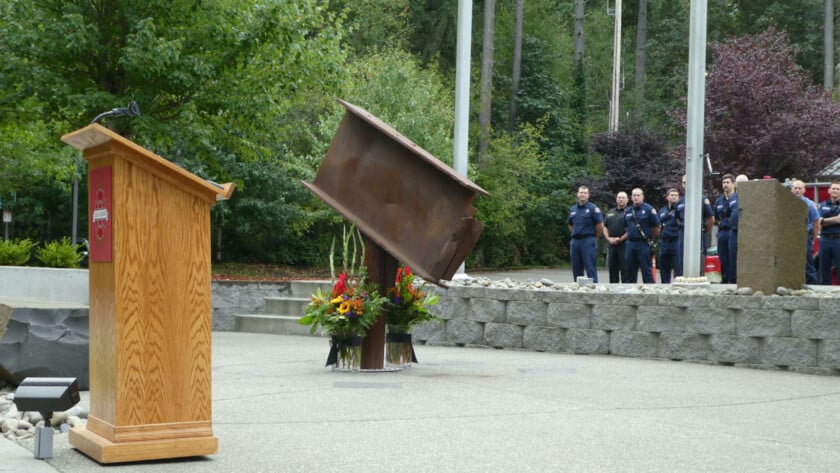A relic from the World Trade Center is the centerpiece of the 9/11 memorial garden at GHFMO headquarters.