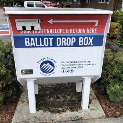 Picture of a ballot drop box at the Gig Harbor fire station