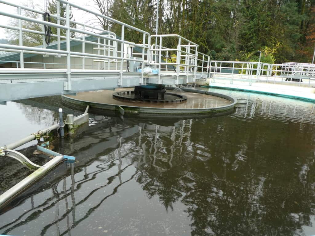 In the clarifier, solids and wastes are separated.