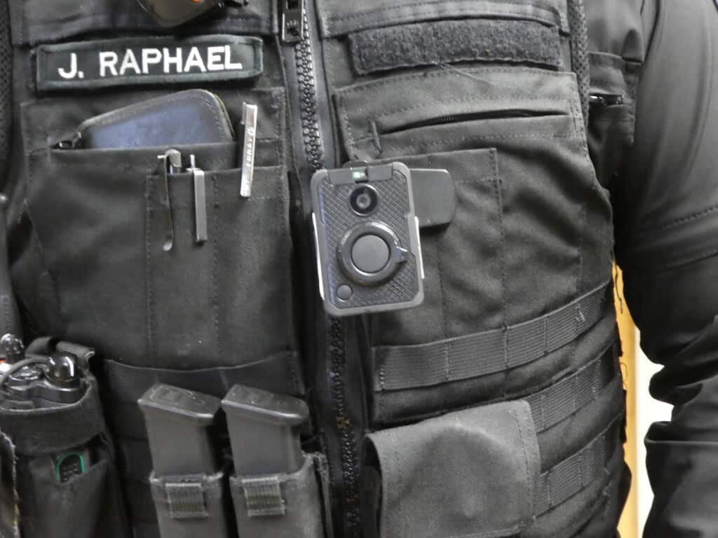 picture of a police body camera worn by a Gig Harbor policeman