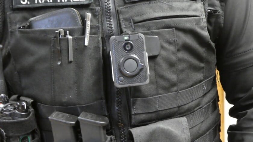 picture of a police body camera worn by a Gig Harbor policeman