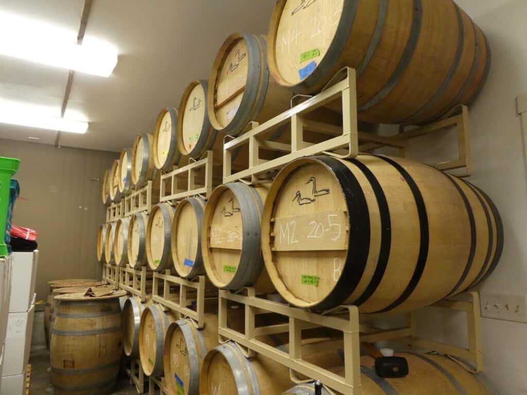 Two Loons ages wines for two years in oak barrels.