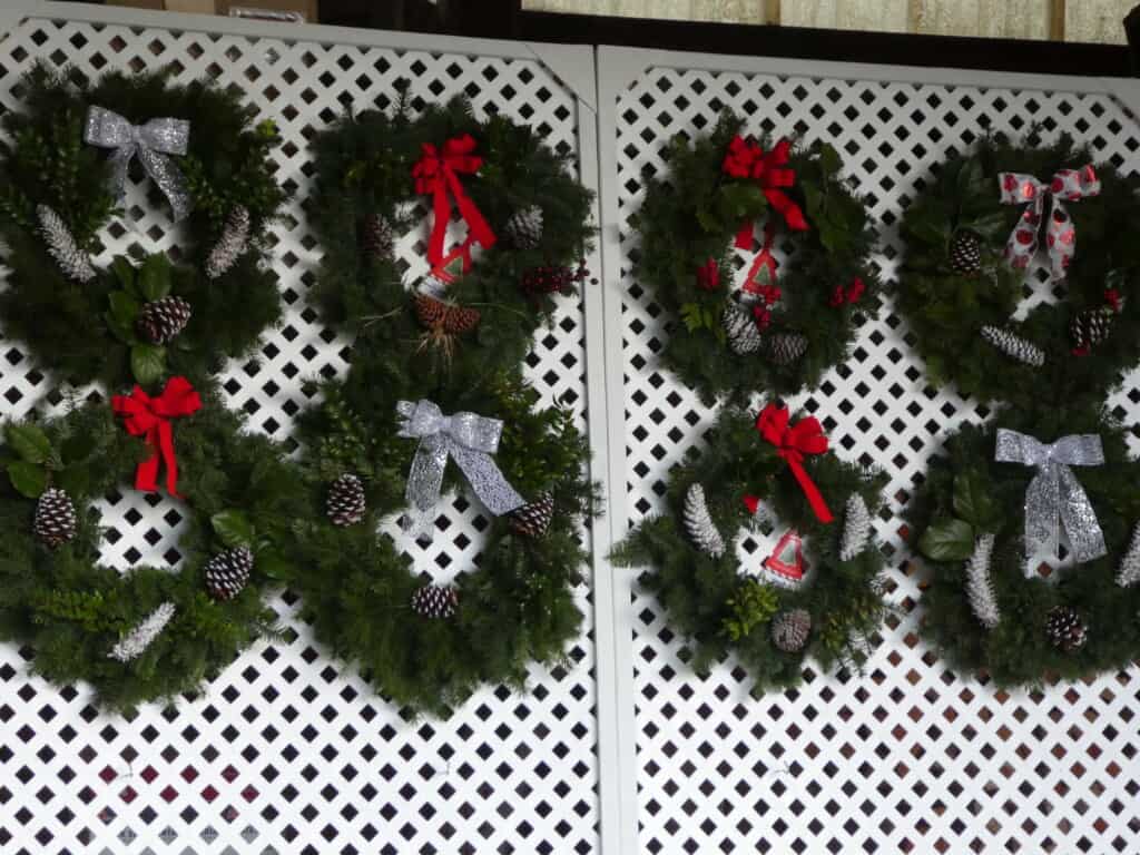 Freshly made wreaths at Five Springs Tree Farm