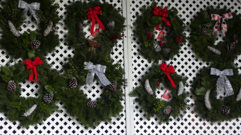 Freshly made wreaths at Five Springs Tree Farm