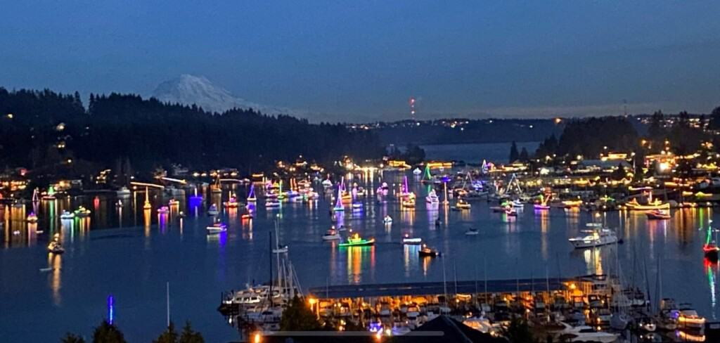 A previous lighted boat parade in Gig Harbor bay