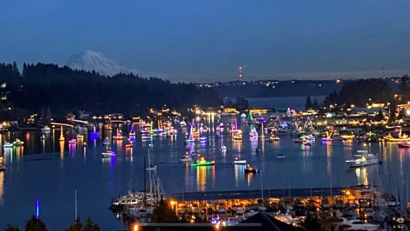 A previous lighted boat parade in Gig Harbor bay