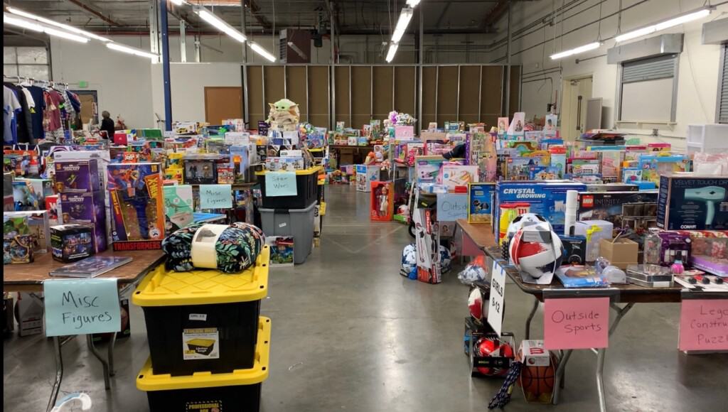 The warehouse, which is donated for two months, if crammed with toys.