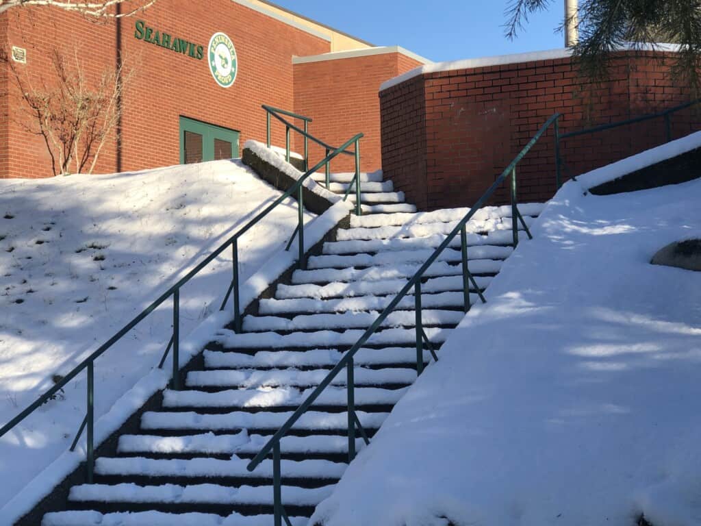 The snowy front of Peninsula High School
