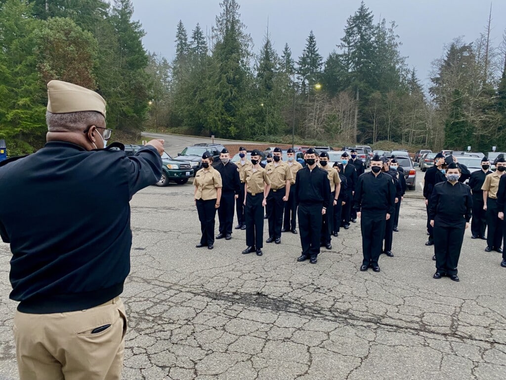 Darrell Hood, Lt. Cdr., USN (Ret), conducts drills with cadets in Peninsula School District’s NJROTC/NNDCC program on Monday at Peninsula High School. Hood, with a background in aviation operations and security, leads the program, which is new to the district this year.