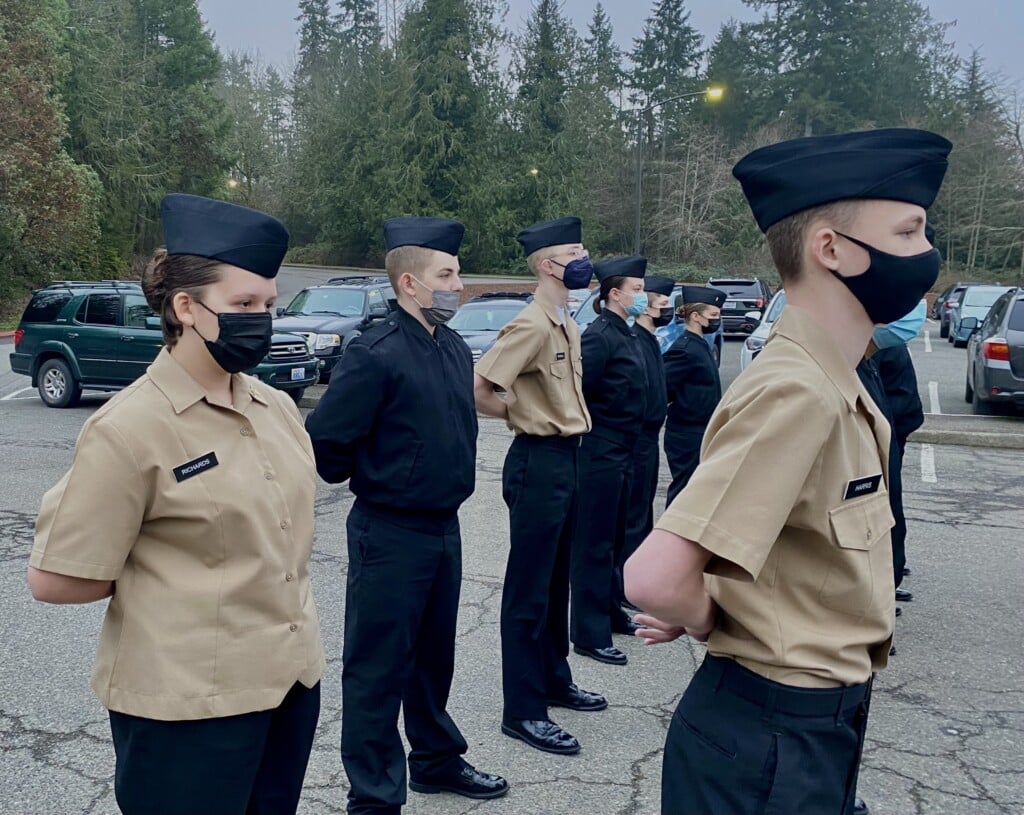Cadets in Peninsula School District’s NJROTC/NNDCC program stand in formation on Monday at Peninsula High School. The program, which is new to the district this year, has 88 students participating.