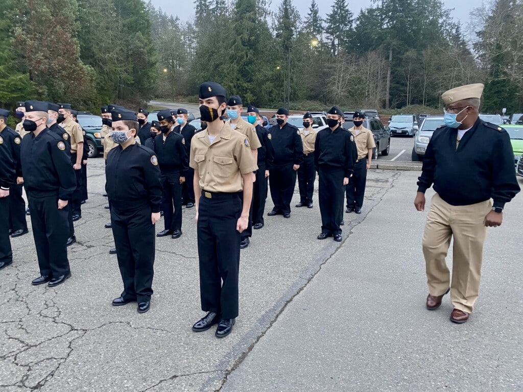 Darrell Hood, Lt. Cdr., USN (Ret), inspects cadets in Peninsula School District’s NJROTC/NNDCC program on Monday at Peninsula High School.