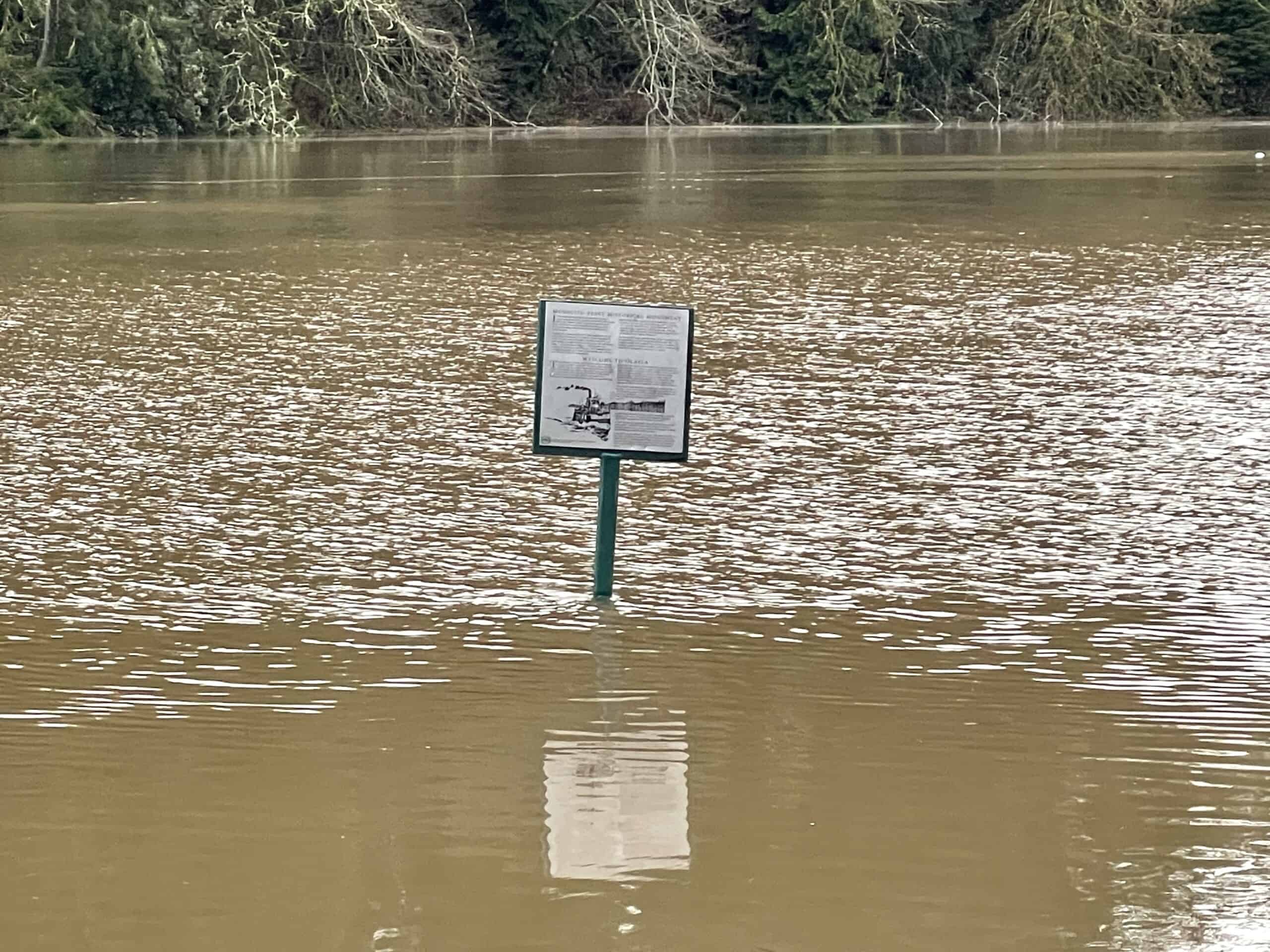 Gregg Olsen photographed a mosquito fleet sign that's usually on high ground swallowed up by the Olalla lagoon.
