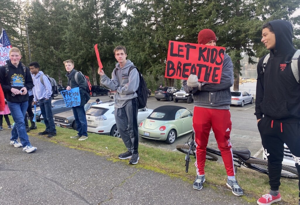 Students and some parents protested against the state’s school mask mandate Wednesday at Peninsula High School.