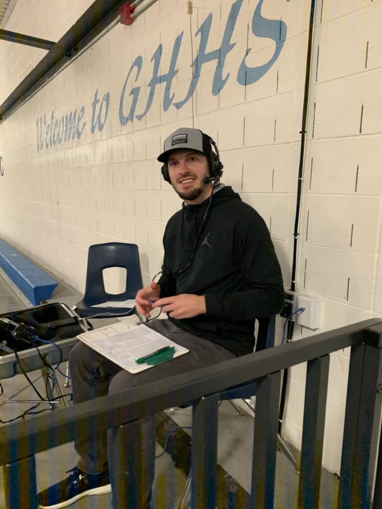 KGHP-FM sports announcer Job Grobins prepares to broadcast a basketball game from Gig Harbor High School on Thursday