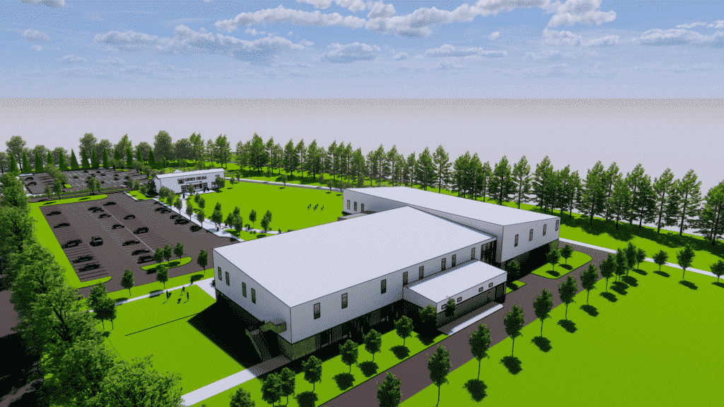 Sketch of PenMet Parks' community recreation center looking from the north with the existing Performance Golf building in the background.