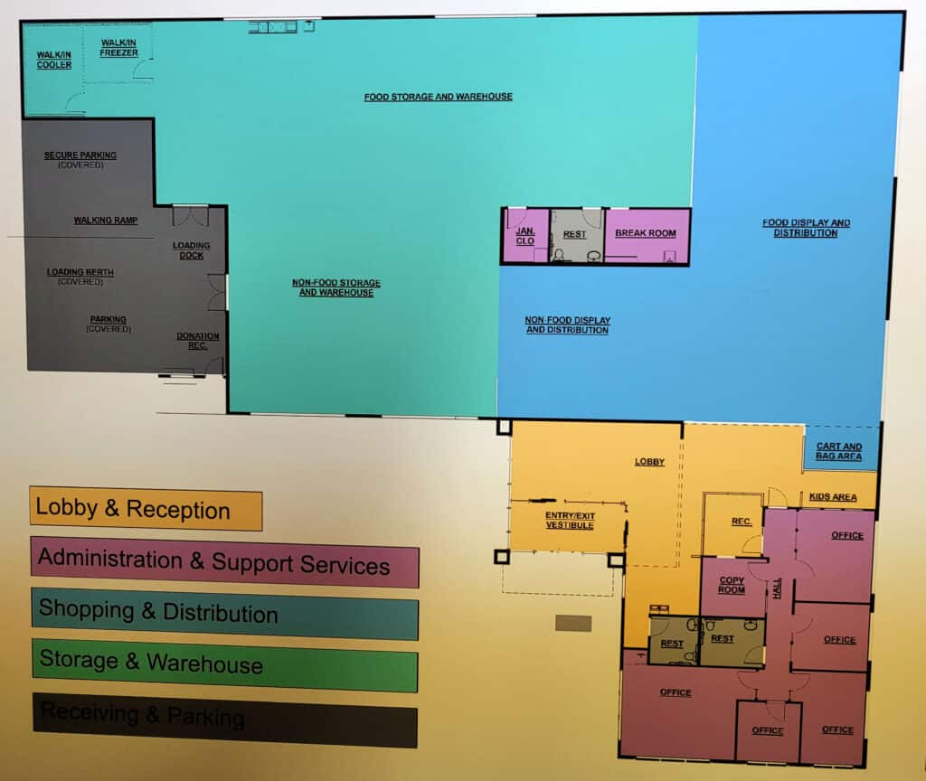 Plans show the layout of the new Gig Harbor Peninsula FISH Food Bank building, with ample space for storing and displaying goods.