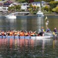 A Dragon Boat team maneuvers into position before a heat of the Gig Harbor Paddlers Cup on Sunday, April 24, 2022.