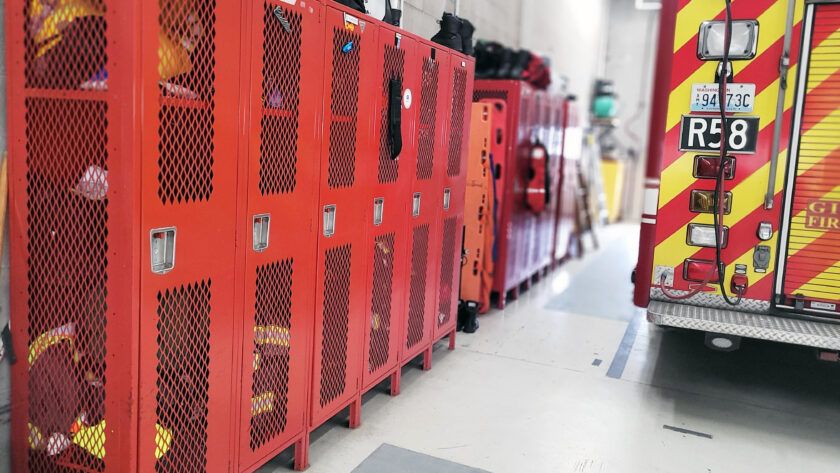 Firefighters store their "turnout gear," which is worn on fire calls, in these lockers inside the apparatus bay at Station 58. If voters approve a bond measure in August, the building would be expanded to include space for proper venitlation, cleaning and storage of gear.