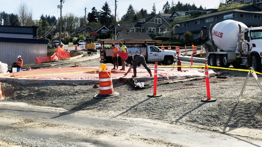 Contractors working on the Harborview Drive-Stinson Avenue roundabout are on track to get two-way traffic flowing through the intersection as soon as late May. If the weather turns bad, the project could be delayed, however.