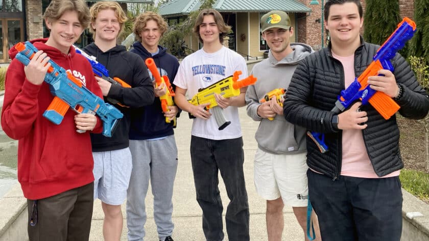 Members of a Nerf Wars 2022 team — they call themselves SEAL Team-Sex — are participating in an annual tradition among graduating seniors from Gig Harbor High School that’s been going on for more than a decade. The game is not connected in any way with Peninsula School District. From left: Ryan Pickles, Gavin Robinson, Luke Miller, Isaac Gary, Jak McLellan and Matt Brown.