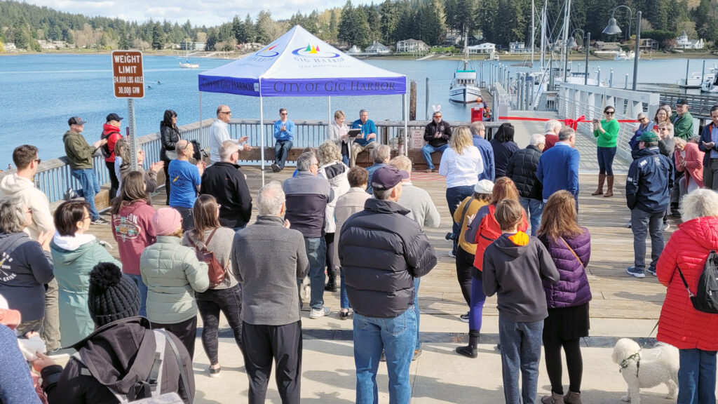 Community members gathered for the grand opening of the new paddlers dock at Ancich Park on Saturday.