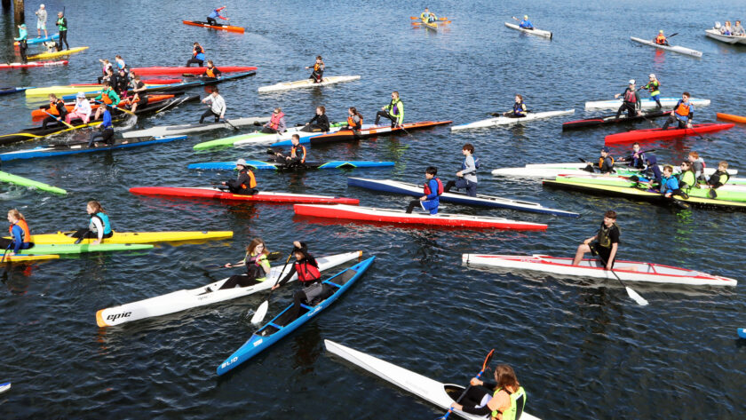 A flotilla of kayaks, canoes and other vessels turned out to celebrate the new paddlers dock at Ancich Park.