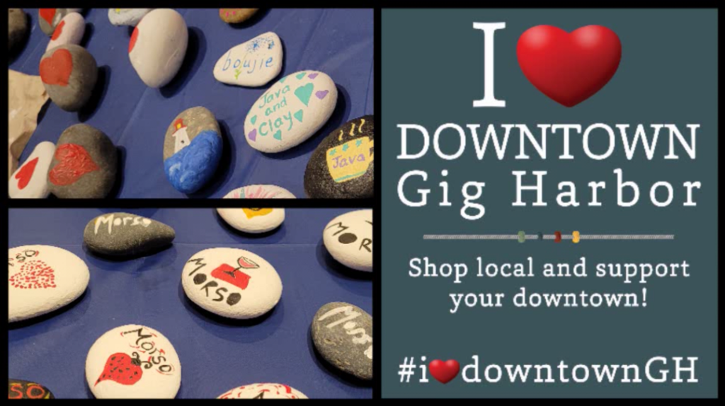 Painted rocks, hidden throughout the downtown area, can be redeemed at participating downtown businesses for prizes or discounts. The rocks are part of a Downtown Gig Harbor Waterfront Alliance effort to promote downtown businesses during the Harborview Drive-Stinson Avenue traffic circle construction.