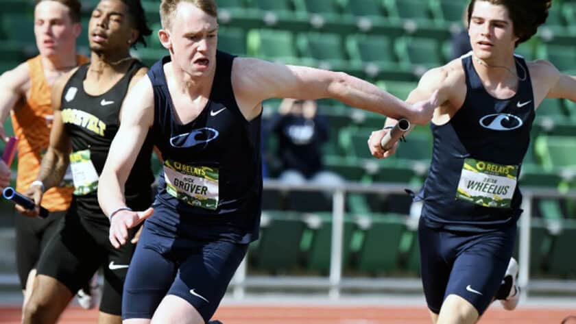 Nick Grover takes the baton from Brian Wheelus in the 4100 relay to run the third fastest time in 3A track this year at famed Hayward Field in Eugene, Oregon.