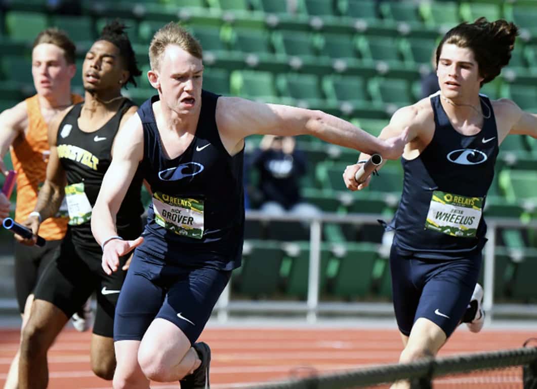 Nick Grover takes the baton from Brian Wheelus in the 4100 relay to run the third fastest time in 3A track this year at famed Hayward Field in Eugene, Oregon.