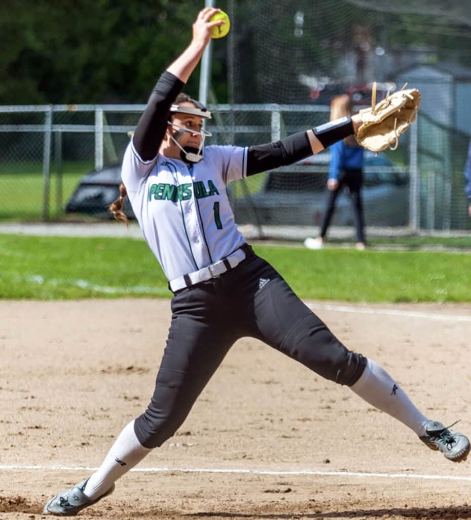 Peninsula's Alli Kimball has a 13-1 record with three no-hitters, two perfect games and a 0.52 earned run average on the season.