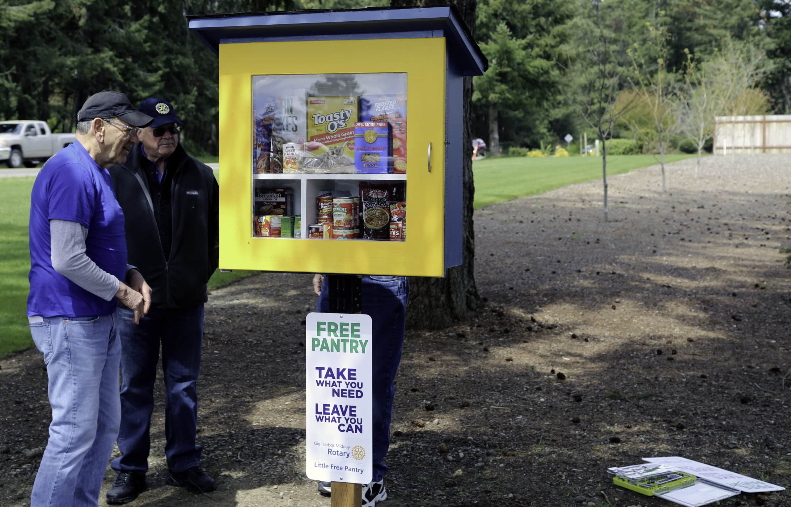 The fully stocked Little Food Pantry, just after it was installed on Friday, April 29, at Peninsula Life Church in Purdy.