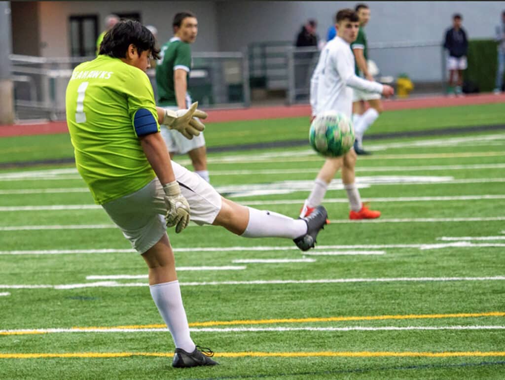 Seahawk goalie Yzahir Cornelio who has 7 shutouts, advances the ball up field for the Seahawks.