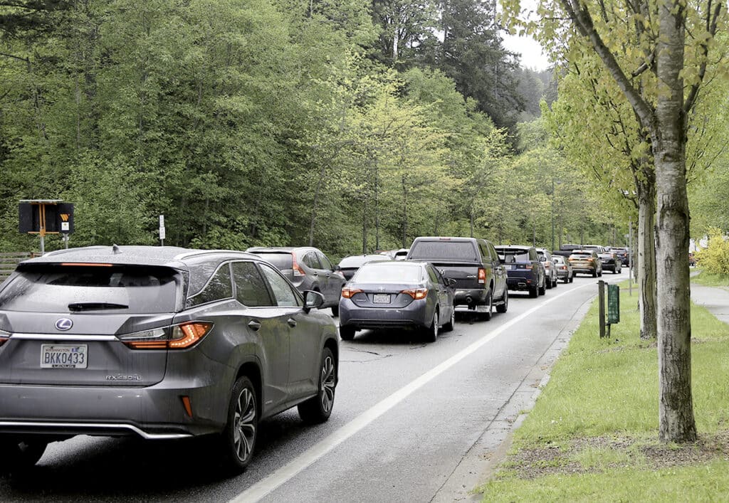 Roundabouts have been statistically proven to reduce traffic congestion, though people stuck in backups like this one on Borgen Boulevard on May 19 might find that hard to believe.