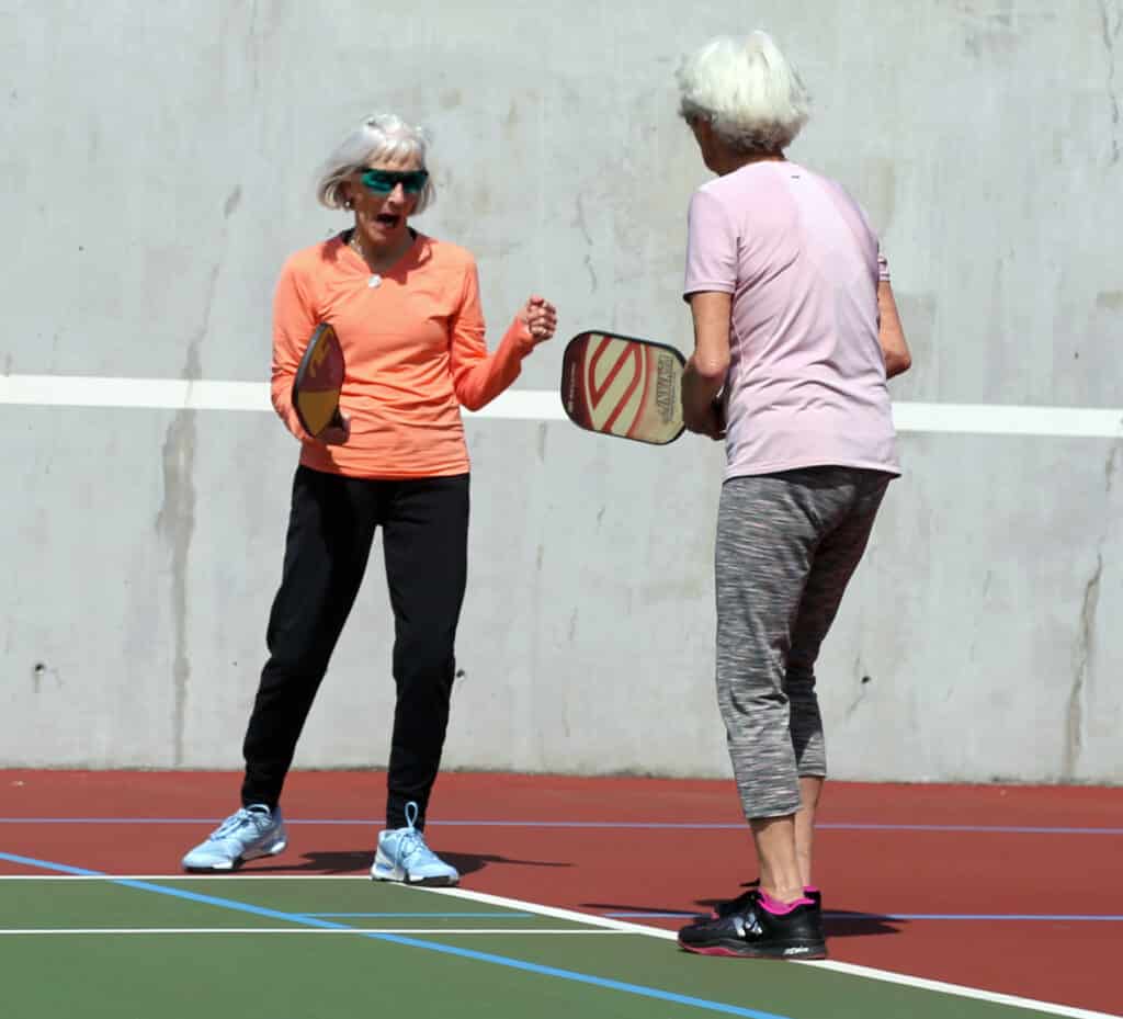 Pickleball players celebrate after winning a point at Sehmel Homestead Park recently.