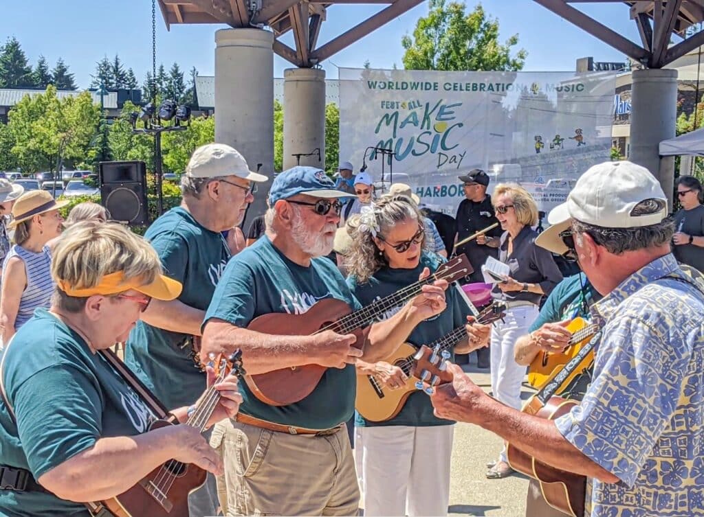The Harbor Ukulele Group and 19 other bands will perform Tuesday at Make Music Day at Uptown shopping center.