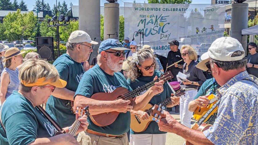 The Harbor Ukulele Group and 19 other bands will perform Tuesday at Make Music Day at Uptown shopping center.