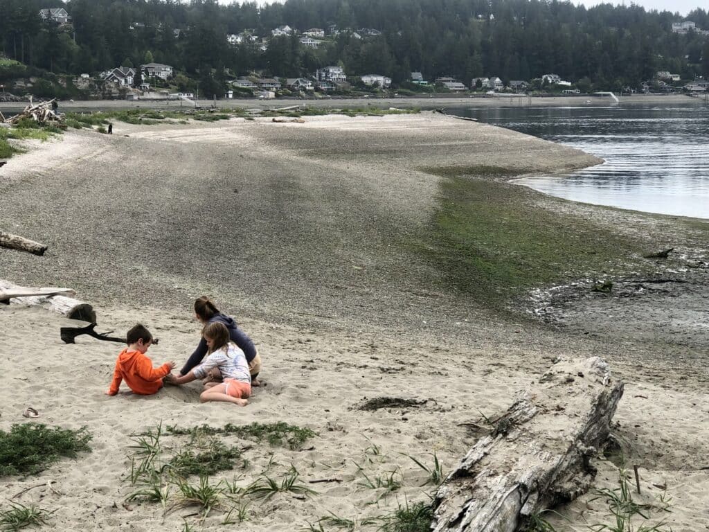 Kids play in the sand Wednesday at the Fox Island sandspit.