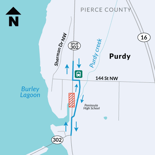 The detour route for Purdy Creek work at the Highway 302 spur.