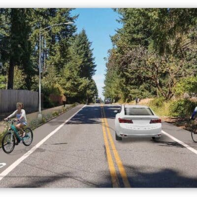 An artist's rendering of 38th Street after bike lanes and a sidewalk are added.