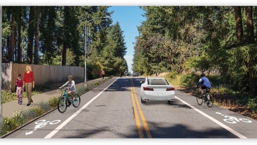 An artist's rendering of 38th Street after bike lanes and a sidewalk are added.