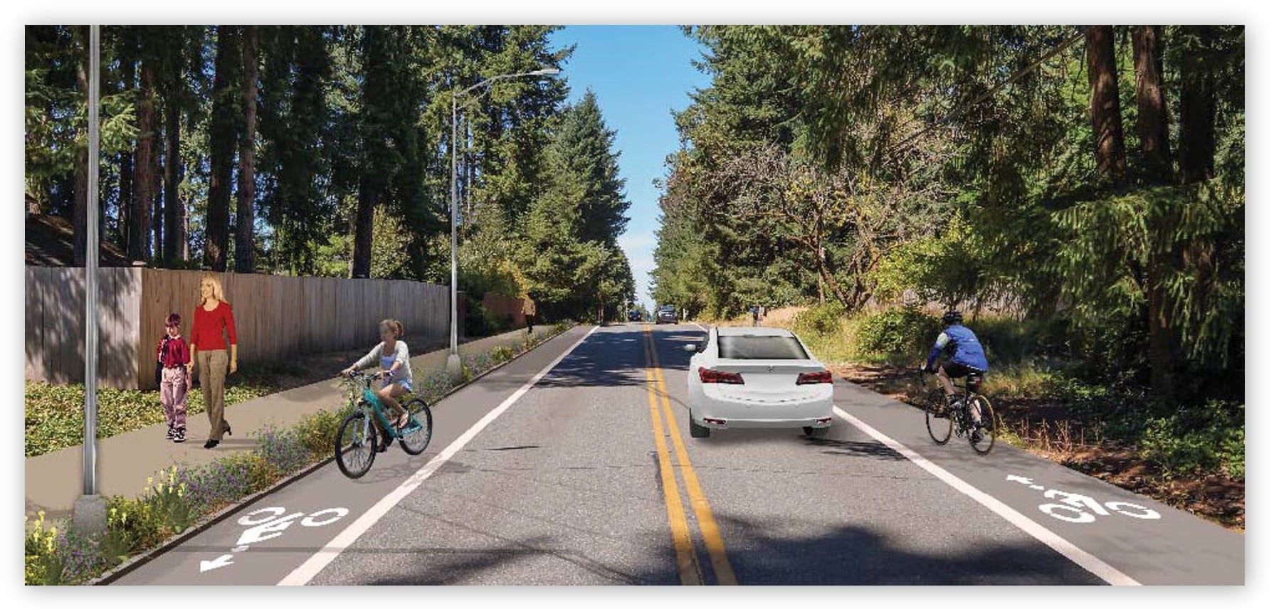 An artist's rendering of 38th Street after bike lanes and a sidewalk are added.