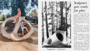 side by side photos of a large concrete shell sculpture