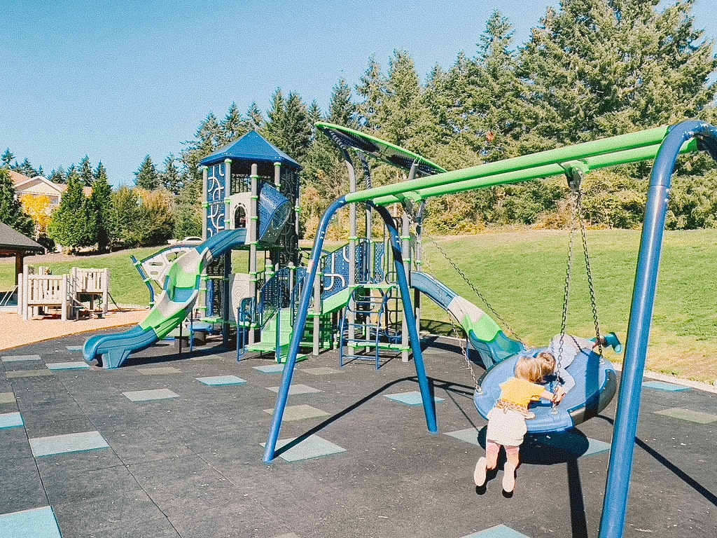 This is a photo of a blue and green playground equipment including a tower slide and disc swings